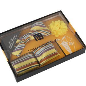 Pretied multicolored bowtie, matching hanky and yellow lapel pin